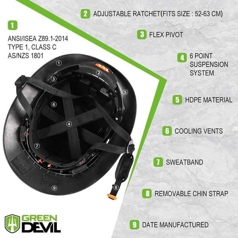 GREEN DEVIL قبعة صلبة كاملة الحواف مع قناع مدمج وخوذة أمان للبناء معتمدة من إدارة السلامة والصحة المهنية (OSHA) خوذات عمل صلبة من Cascos De Construccion مع منشفة تبريد للرجال والنساء، نظام تعليق بسقاطة قابل للتعديل - Image 4